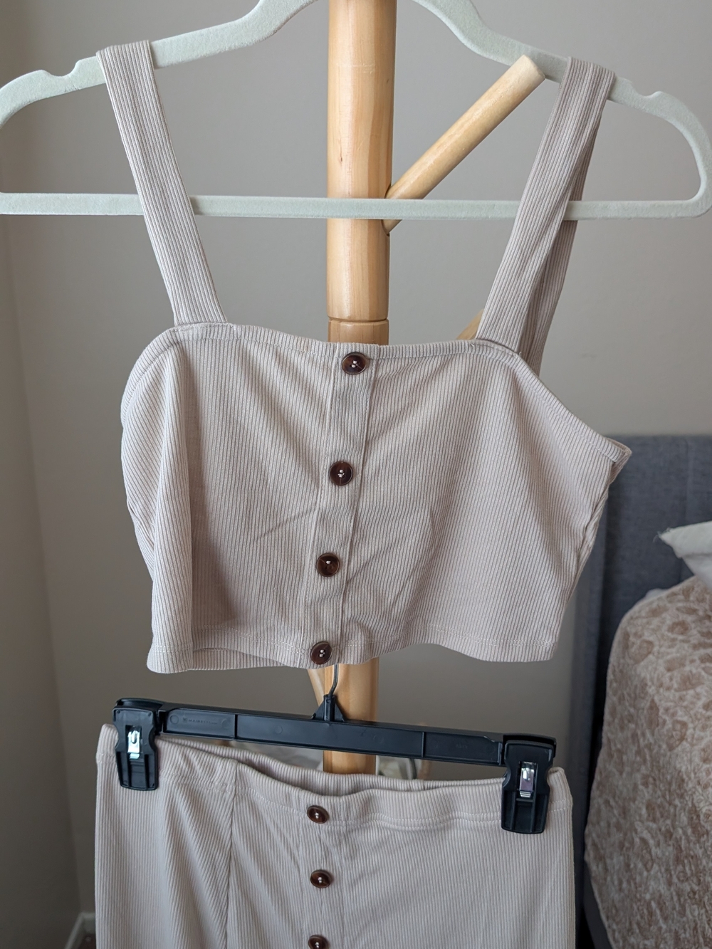 Cider Beige Button-Front Maxi Skirt & Cropped Tank Set - Picture 2 of 4